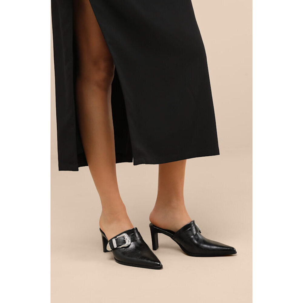 Lulus Isabetta Black Pointed-toe Buckle Mules - Size 10